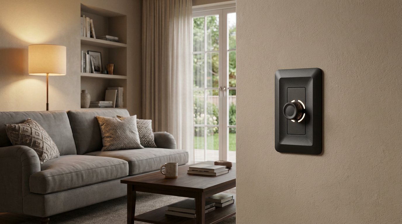 A black Aspen rotary dimmer on the wall of a living room, its LED intensity arc lit