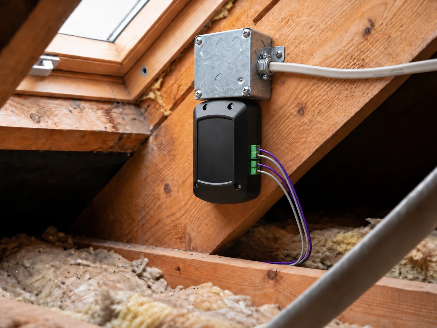 The Olympus room controller mounted to a rafter below a metal junction box, its 0–10 V dimming leads plugged into the green Class 2 connectors