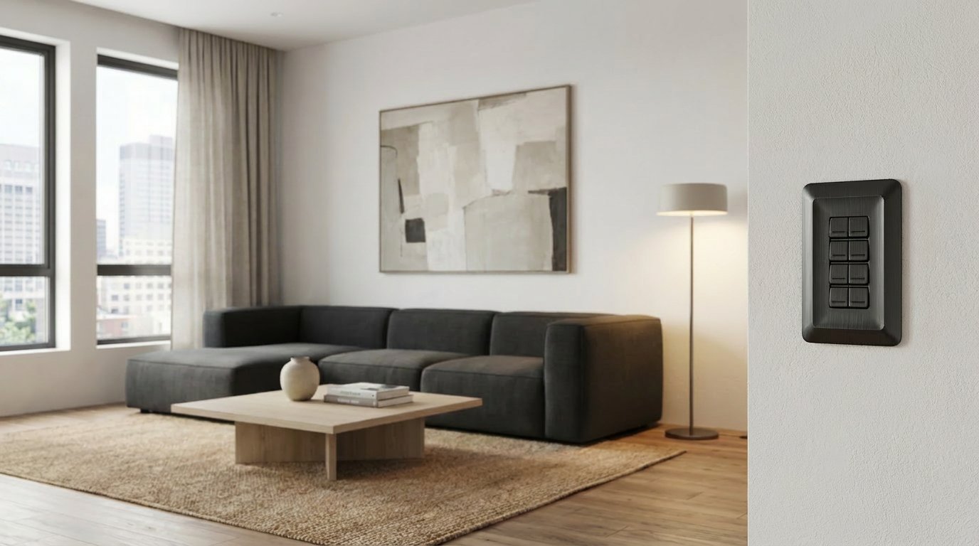 A four-button Tahoma in anodized aluminum on the wall of a loft living room